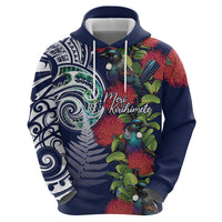 Meri Kirihimete New Zealand Zip Hoodie Tui on Pohutukawa - Blue Ver LT7 - Polynesian Pride