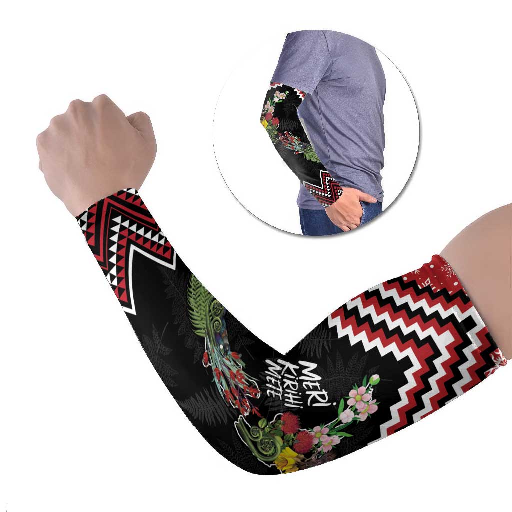 New Zealand Christmas Taniko Poutama Arm Sleeves Flora Map with Birds - Polynesian Pride