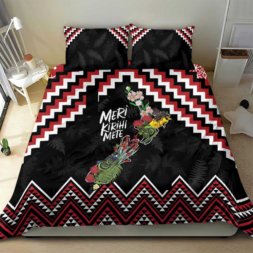 New Zealand Christmas Taniko Poutama Bedding Set Flora Map with Birds - Polynesian Pride
