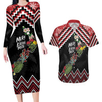 New Zealand Christmas Taniko Poutama Couples Matching Long Sleeve Bodycon Dress and Hawaiian Shirt Flora Map with Birds LT7 Red - Polynesian Pride