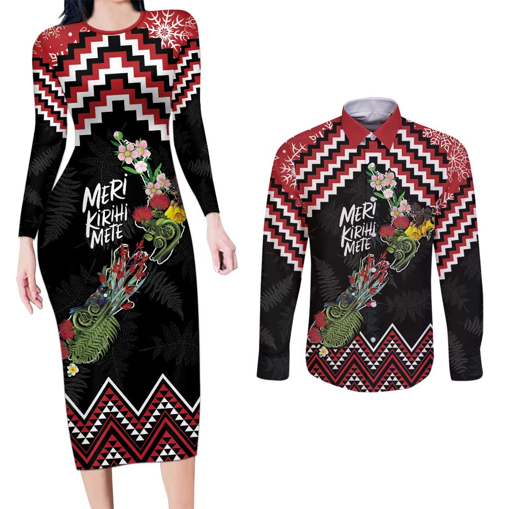 New Zealand Christmas Taniko Poutama Couples Matching Long Sleeve Bodycon Dress and Long Sleeve Button Shirt Flora Map with Birds LT7 Red - Polynesian Pride