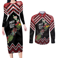 New Zealand Christmas Taniko Poutama Couples Matching Long Sleeve Bodycon Dress and Long Sleeve Button Shirt Flora Map with Birds LT7 Red - Polynesian Pride