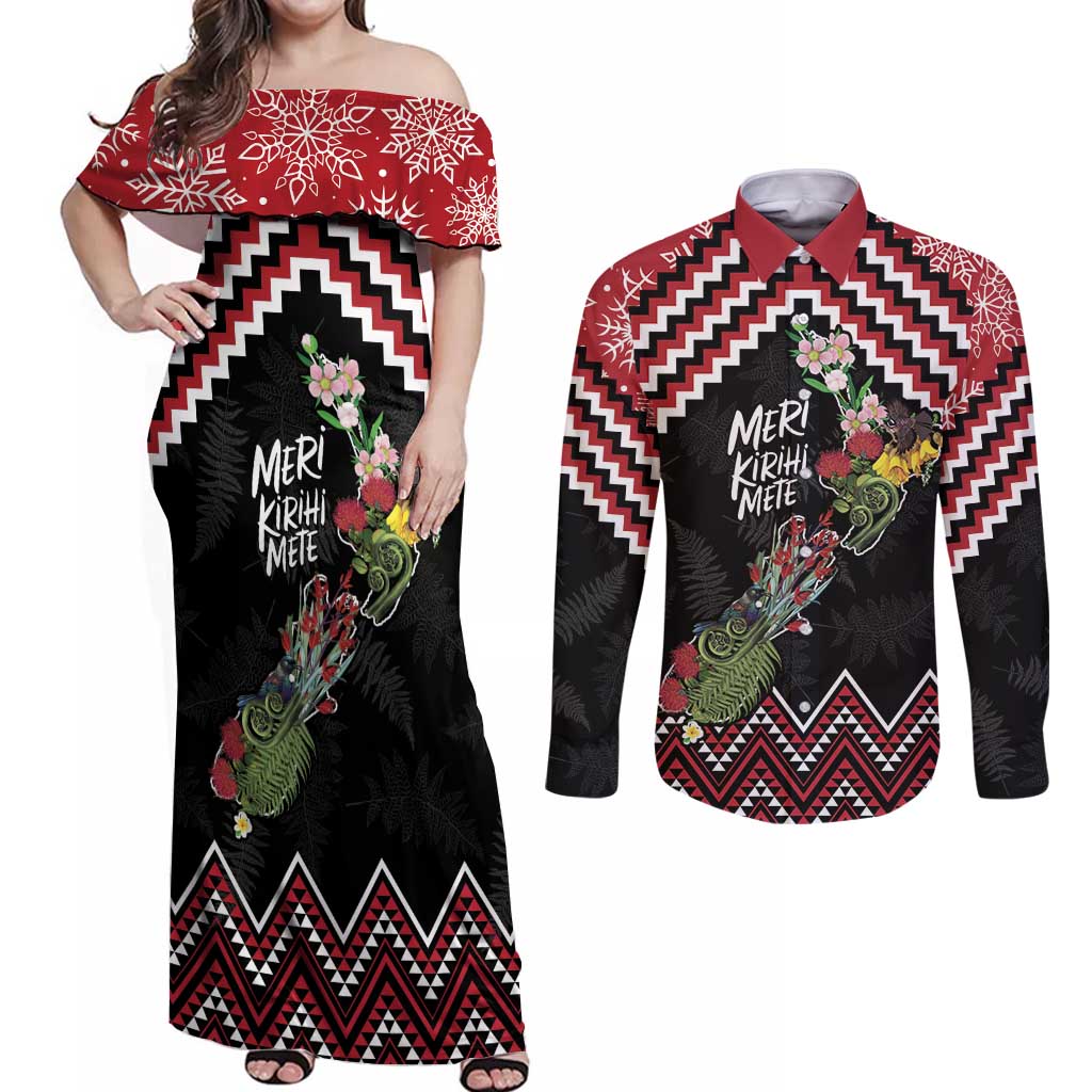 New Zealand Christmas Taniko Poutama Couples Matching Off Shoulder Maxi Dress and Long Sleeve Button Shirt Flora Map with Birds LT7 Red - Polynesian Pride
