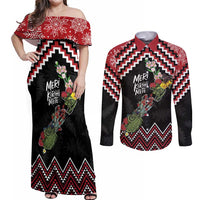 New Zealand Christmas Taniko Poutama Couples Matching Off Shoulder Maxi Dress and Long Sleeve Button Shirt Flora Map with Birds LT7 Red - Polynesian Pride