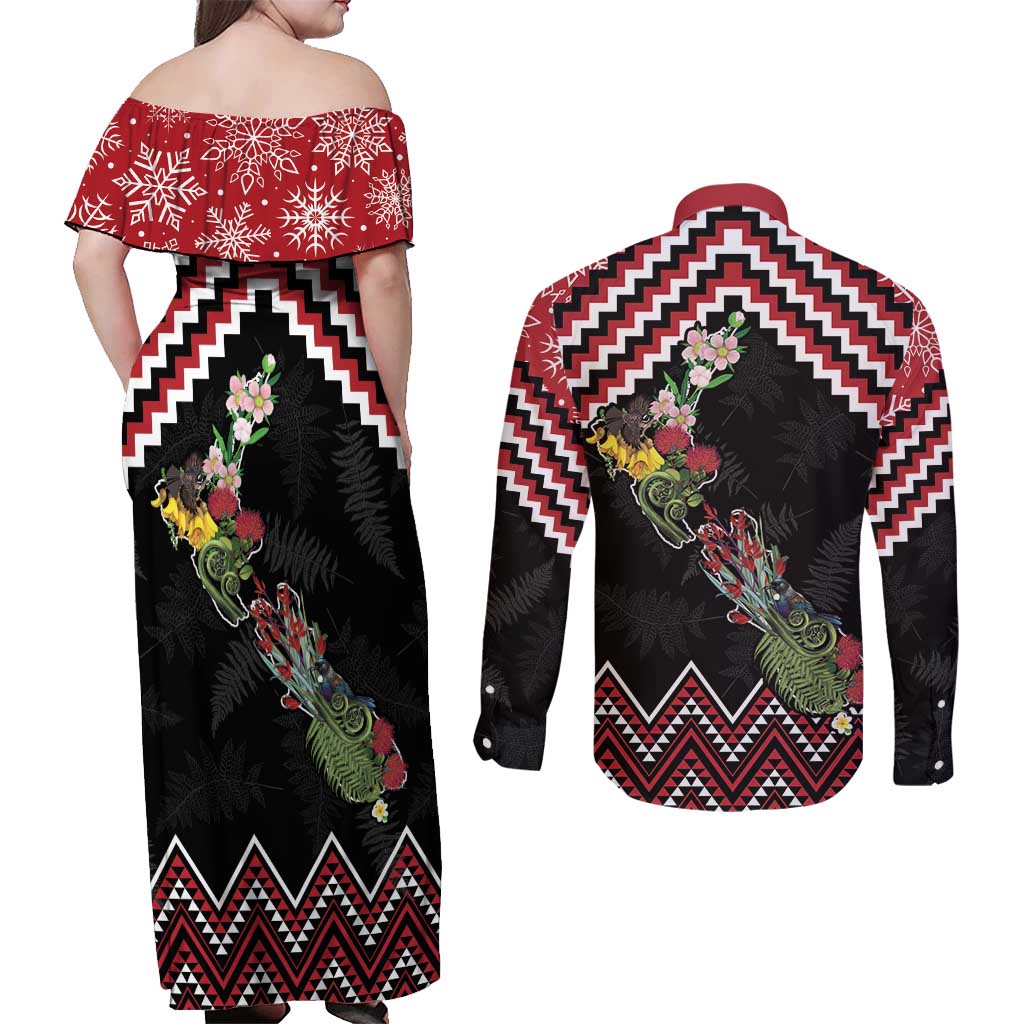 New Zealand Christmas Taniko Poutama Couples Matching Off Shoulder Maxi Dress and Long Sleeve Button Shirt Flora Map with Birds LT7 - Polynesian Pride