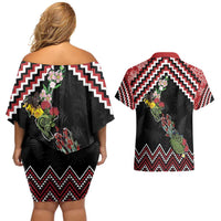 New Zealand Christmas Taniko Poutama Couples Matching Off Shoulder Short Dress and Hawaiian Shirt Flora Map with Birds LT7 - Polynesian Pride