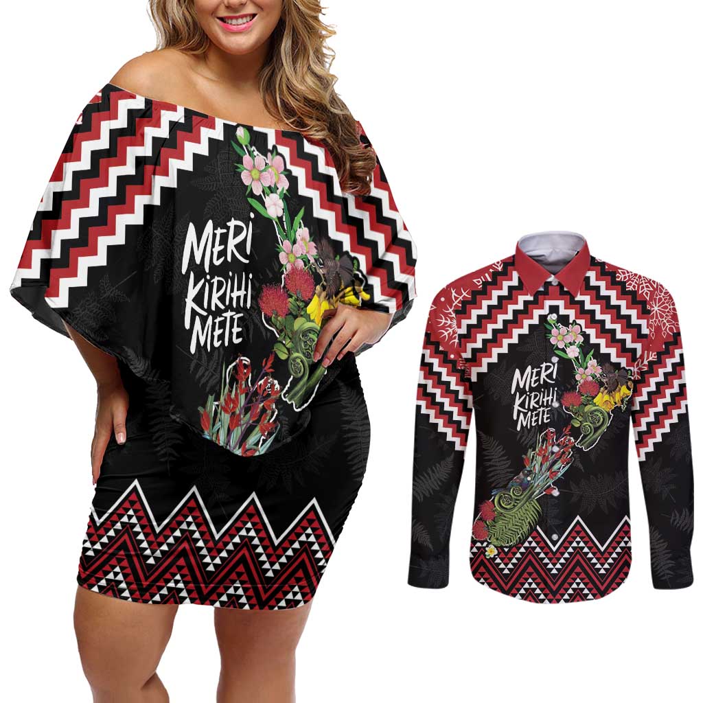 New Zealand Christmas Taniko Poutama Couples Matching Off Shoulder Short Dress and Long Sleeve Button Shirt Flora Map with Birds LT7 Red - Polynesian Pride