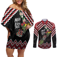 New Zealand Christmas Taniko Poutama Couples Matching Off Shoulder Short Dress and Long Sleeve Button Shirt Flora Map with Birds LT7 Red - Polynesian Pride