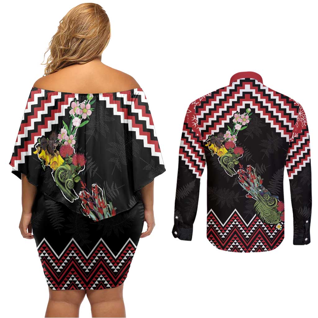 New Zealand Christmas Taniko Poutama Couples Matching Off Shoulder Short Dress and Long Sleeve Button Shirt Flora Map with Birds LT7 - Polynesian Pride