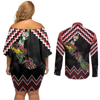 New Zealand Christmas Taniko Poutama Couples Matching Off Shoulder Short Dress and Long Sleeve Button Shirt Flora Map with Birds LT7 - Polynesian Pride