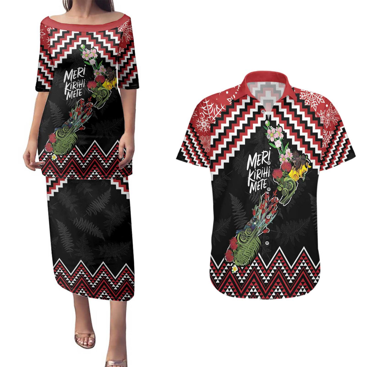 New Zealand Christmas Taniko Poutama Couples Matching Puletasi and Hawaiian Shirt Flora Map with Birds LT7 Red - Polynesian Pride