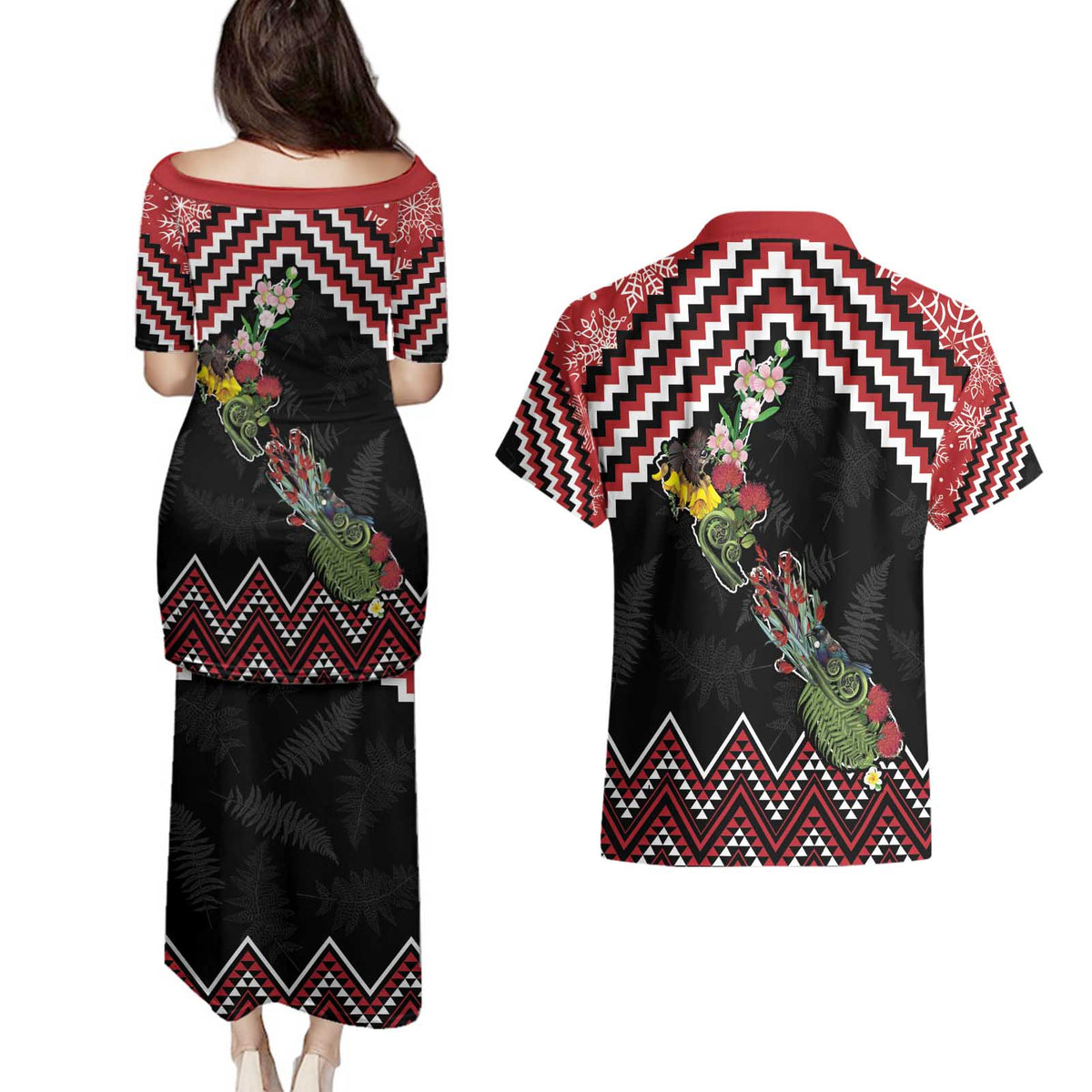 New Zealand Christmas Taniko Poutama Couples Matching Puletasi and Hawaiian Shirt Flora Map with Birds LT7 - Polynesian Pride