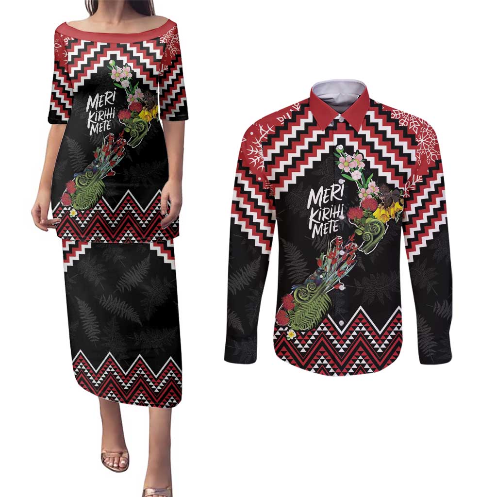 New Zealand Christmas Taniko Poutama Couples Matching Puletasi and Long Sleeve Button Shirt Flora Map with Birds LT7 Red - Polynesian Pride