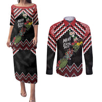 New Zealand Christmas Taniko Poutama Couples Matching Puletasi and Long Sleeve Button Shirt Flora Map with Birds LT7 Red - Polynesian Pride