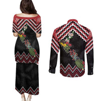 New Zealand Christmas Taniko Poutama Couples Matching Puletasi and Long Sleeve Button Shirt Flora Map with Birds LT7 - Polynesian Pride