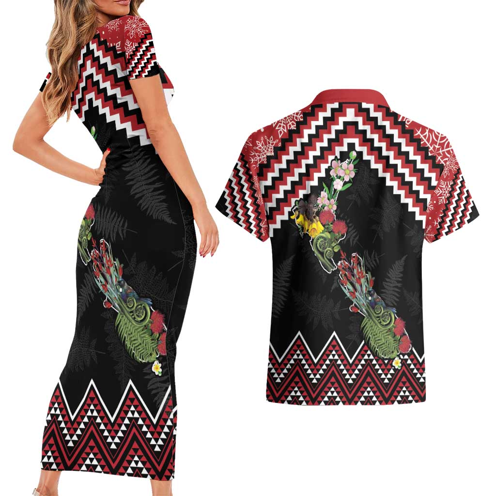 New Zealand Christmas Taniko Poutama Couples Matching Short Sleeve Bodycon Dress and Hawaiian Shirt Flora Map with Birds LT7 - Polynesian Pride