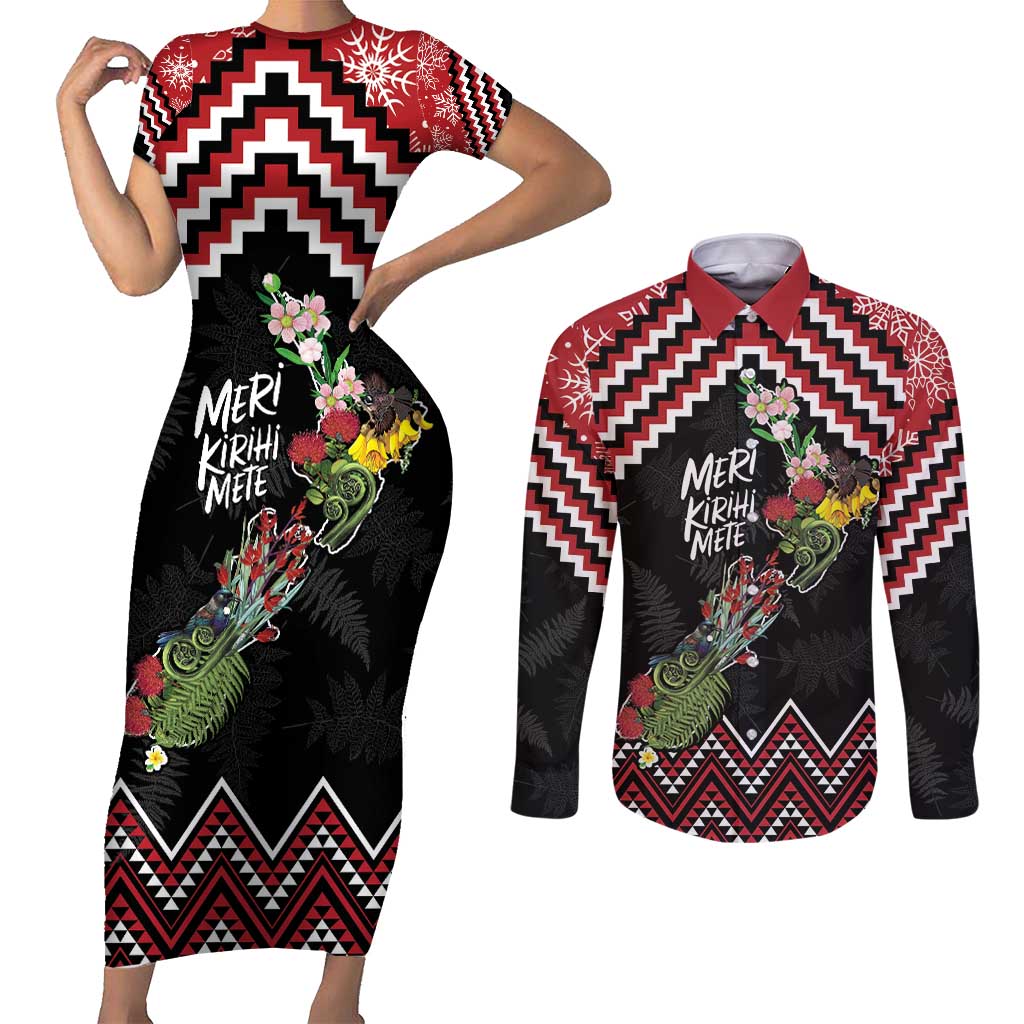New Zealand Christmas Taniko Poutama Couples Matching Short Sleeve Bodycon Dress and Long Sleeve Button Shirt Flora Map with Birds LT7 Red - Polynesian Pride