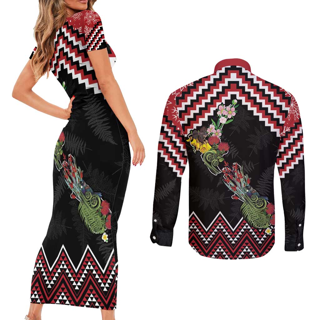 New Zealand Christmas Taniko Poutama Couples Matching Short Sleeve Bodycon Dress and Long Sleeve Button Shirt Flora Map with Birds LT7 - Polynesian Pride