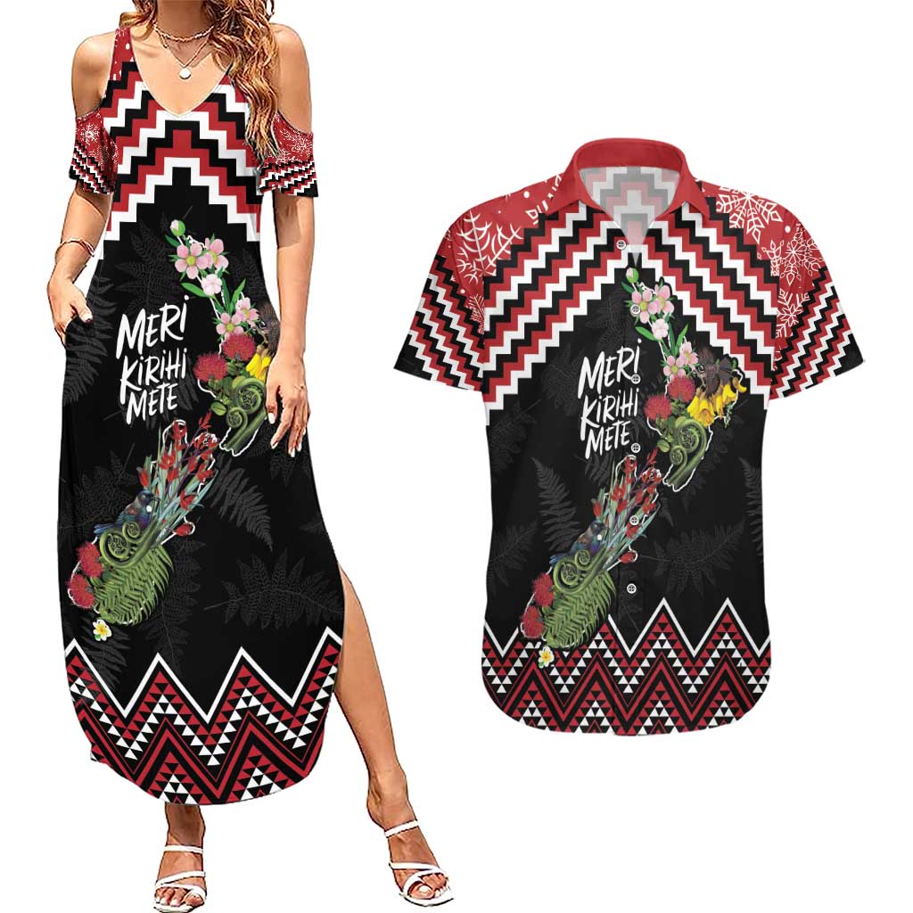 New Zealand Christmas Taniko Poutama Couples Matching Summer Maxi Dress and Hawaiian Shirt Flora Map with Birds - Polynesian Pride