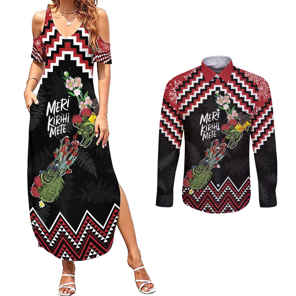 New Zealand Christmas Taniko Poutama Couples Matching Summer Maxi Dress and Long Sleeve Button Shirt Flora Map with Birds LT7 Red - Polynesian Pride