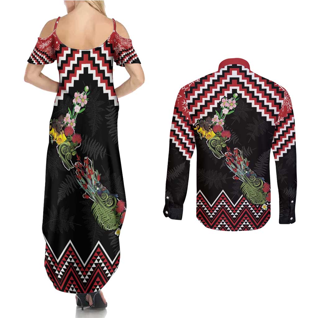 New Zealand Christmas Taniko Poutama Couples Matching Summer Maxi Dress and Long Sleeve Button Shirt Flora Map with Birds LT7 - Polynesian Pride