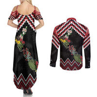 New Zealand Christmas Taniko Poutama Couples Matching Summer Maxi Dress and Long Sleeve Button Shirt Flora Map with Birds LT7 - Polynesian Pride