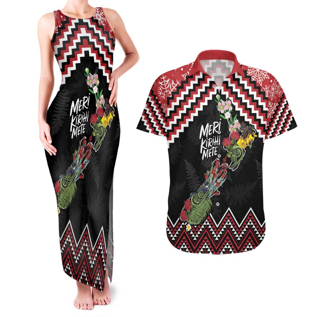 New Zealand Christmas Taniko Poutama Couples Matching Tank Maxi Dress and Hawaiian Shirt Flora Map with Birds LT7 Red - Polynesian Pride
