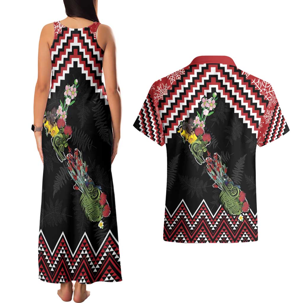 New Zealand Christmas Taniko Poutama Couples Matching Tank Maxi Dress and Hawaiian Shirt Flora Map with Birds LT7 - Polynesian Pride