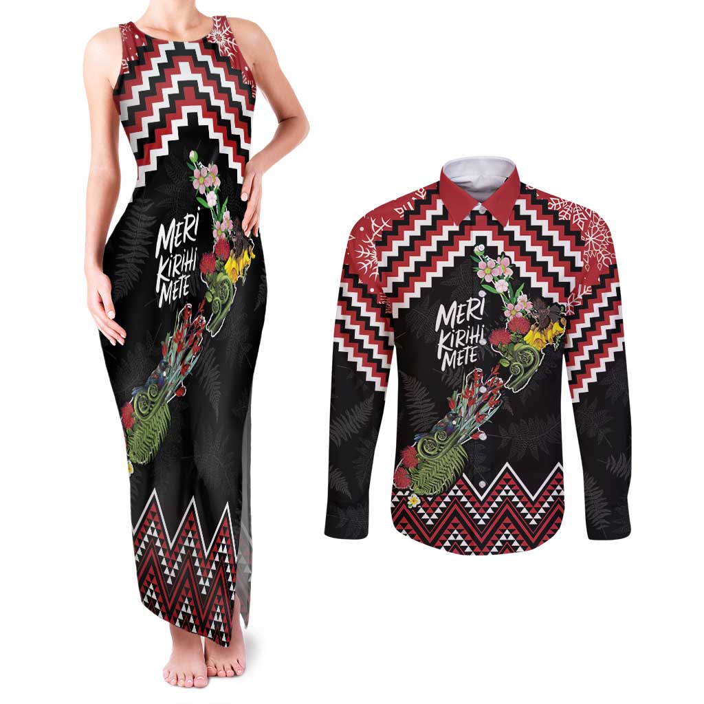 New Zealand Christmas Taniko Poutama Couples Matching Tank Maxi Dress and Long Sleeve Button Shirt Flora Map with Birds - Polynesian Pride