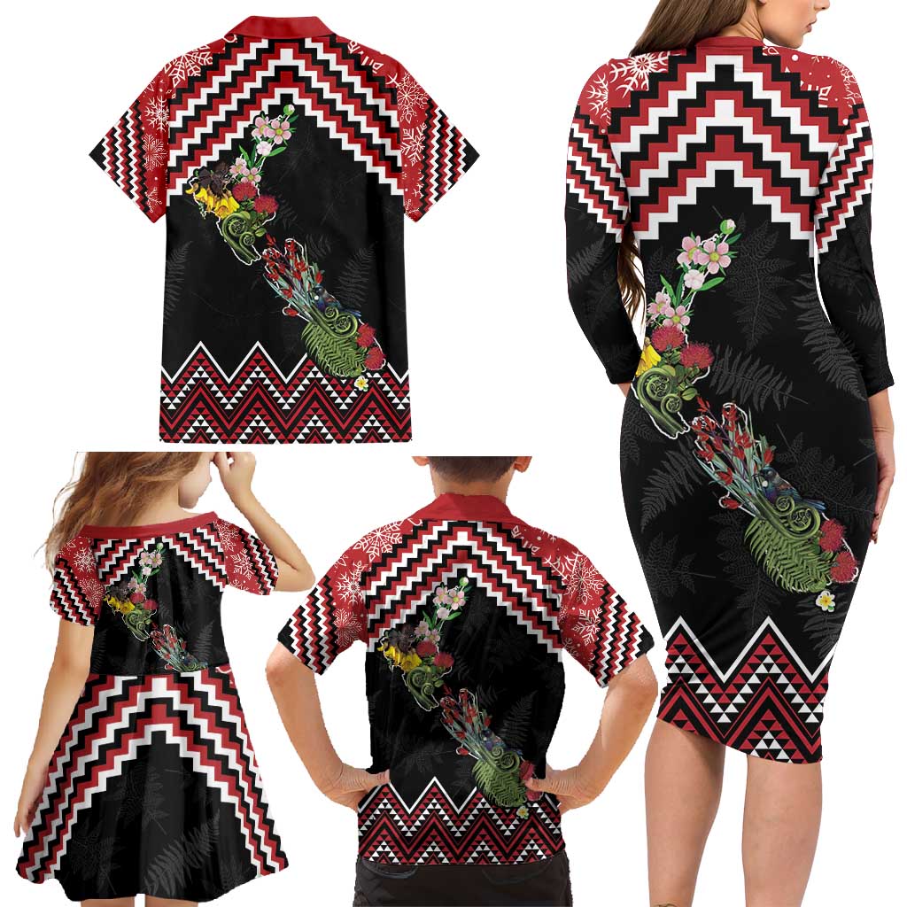 New Zealand Christmas Taniko Poutama Family Matching Long Sleeve Bodycon Dress and Hawaiian Shirt Flora Map with Birds LT7 - Polynesian Pride