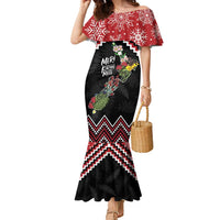 New Zealand Christmas Taniko Poutama Family Matching Mermaid Dress and Hawaiian Shirt Flora Map with Birds LT7 Mom's Dress Red - Polynesian Pride