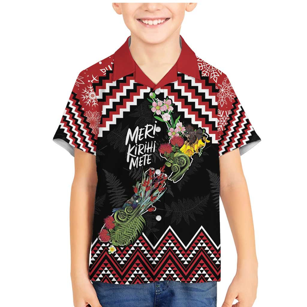 New Zealand Christmas Taniko Poutama Family Matching Mermaid Dress and Hawaiian Shirt Flora Map with Birds LT7 Son's Shirt Red - Polynesian Pride