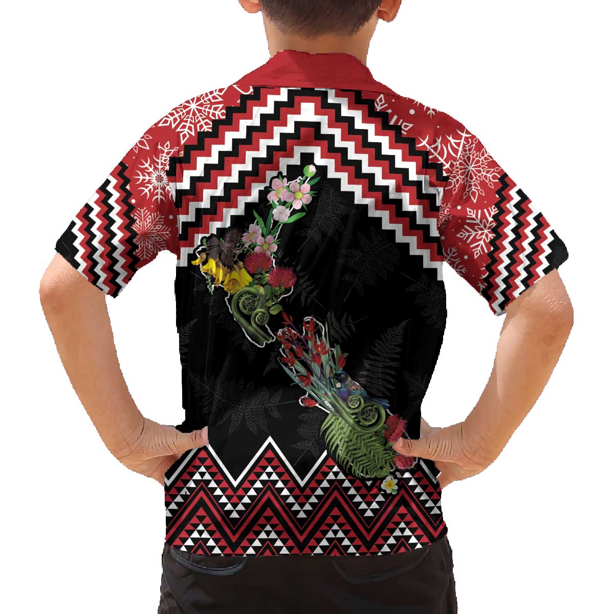 New Zealand Christmas Taniko Poutama Family Matching Off The Shoulder Long Sleeve Dress and Hawaiian Shirt Flora Map with Birds LT7 - Polynesian Pride