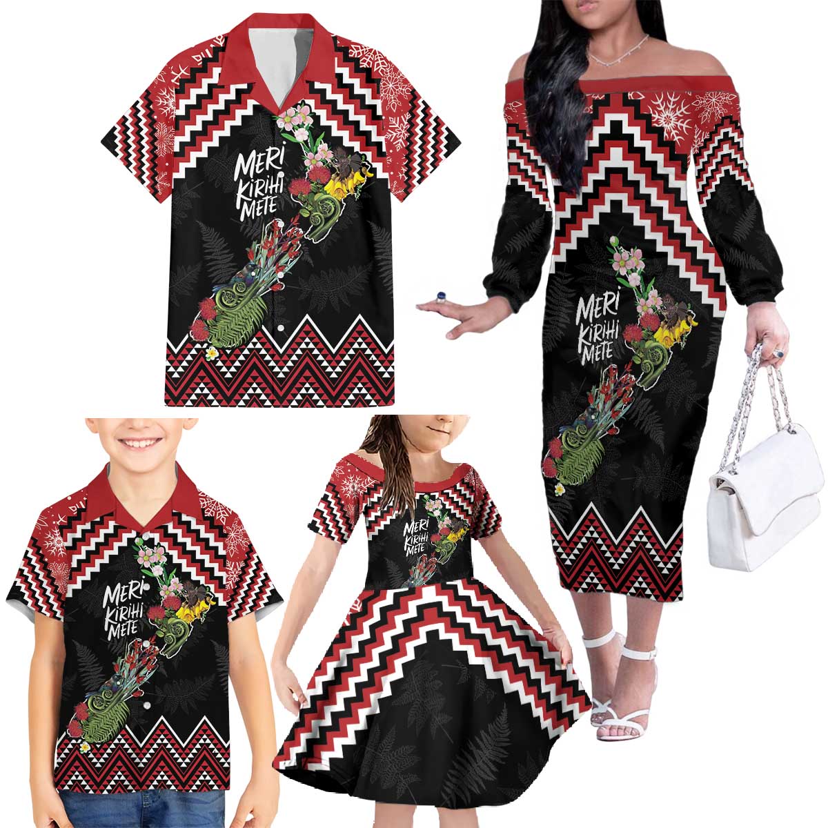 New Zealand Christmas Taniko Poutama Family Matching Off The Shoulder Long Sleeve Dress and Hawaiian Shirt Flora Map with Birds LT7 - Polynesian Pride