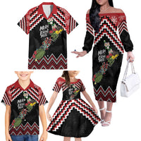 New Zealand Christmas Taniko Poutama Family Matching Off The Shoulder Long Sleeve Dress and Hawaiian Shirt Flora Map with Birds LT7 - Polynesian Pride