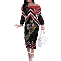 New Zealand Christmas Taniko Poutama Family Matching Off The Shoulder Long Sleeve Dress and Hawaiian Shirt Flora Map with Birds LT7 Mom's Dress Red - Polynesian Pride