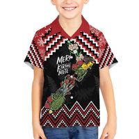 New Zealand Christmas Taniko Poutama Family Matching Off The Shoulder Long Sleeve Dress and Hawaiian Shirt Flora Map with Birds LT7 Son's Shirt Red - Polynesian Pride