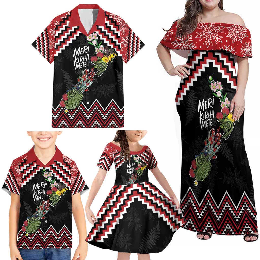 New Zealand Christmas Taniko Poutama Family Matching Off Shoulder Maxi Dress and Hawaiian Shirt Flora Map with Birds LT7 - Polynesian Pride