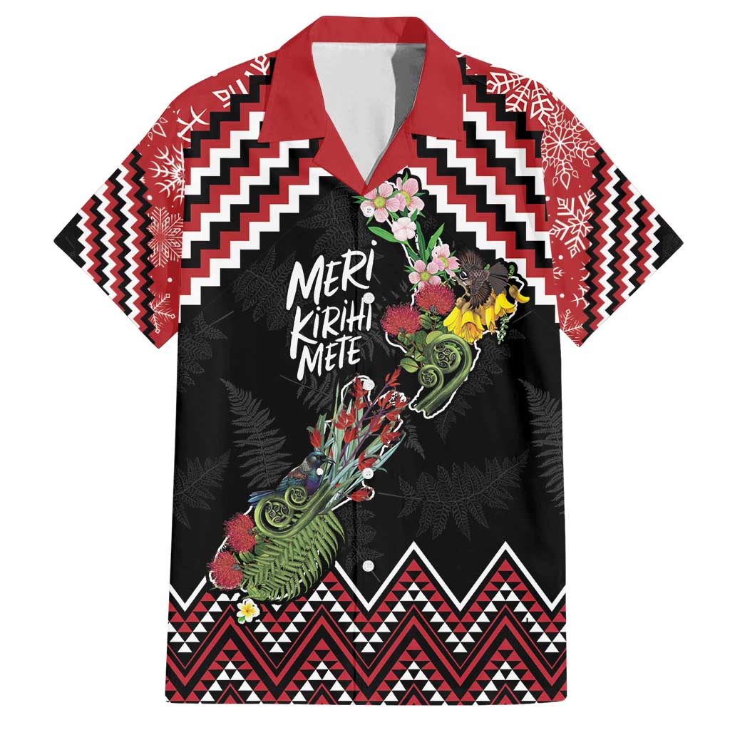 New Zealand Christmas Taniko Poutama Family Matching Off Shoulder Short Dress and Hawaiian Shirt Flora Map with Birds LT7 Dad's Shirt - Short Sleeve Red - Polynesian Pride