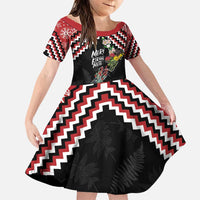 New Zealand Christmas Taniko Poutama Family Matching Puletasi and Hawaiian Shirt Flora Map with Birds LT7 Daughter's Dress Red - Polynesian Pride
