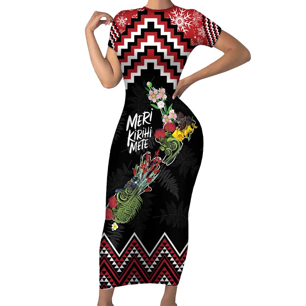 New Zealand Christmas Taniko Poutama Family Matching Short Sleeve Bodycon Dress and Hawaiian Shirt Flora Map with Birds LT7 Mom's Dress Red - Polynesian Pride
