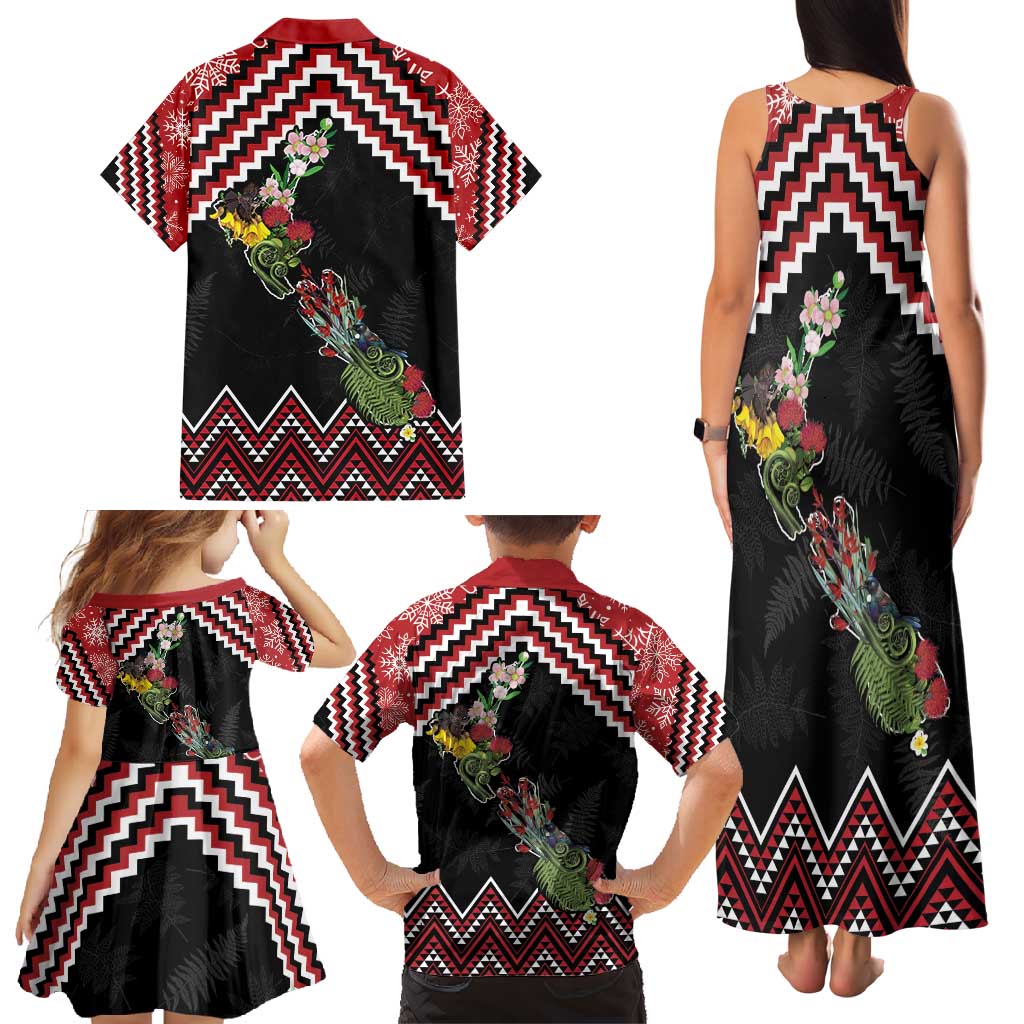 New Zealand Christmas Taniko Poutama Family Matching Tank Maxi Dress and Hawaiian Shirt Flora Map with Birds LT7 - Polynesian Pride