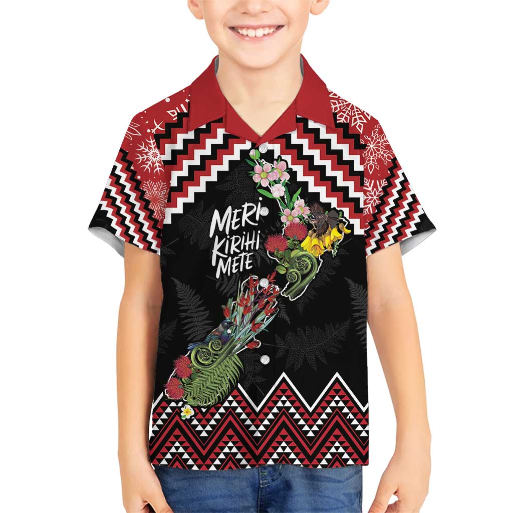 New Zealand Christmas Taniko Poutama Family Matching Tank Maxi Dress and Hawaiian Shirt Flora Map with Birds LT7 Son's Shirt Red - Polynesian Pride