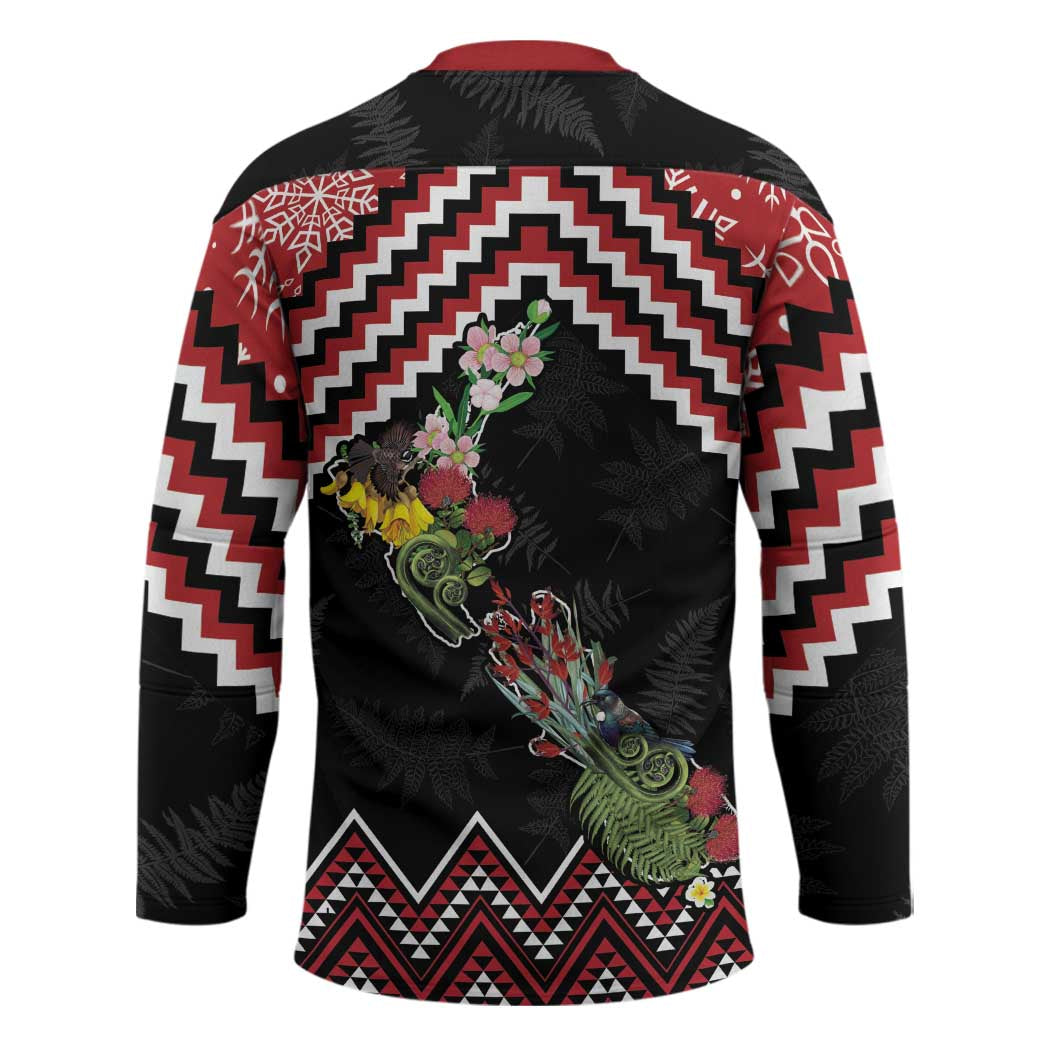 New Zealand Christmas Taniko Poutama Hockey Jersey Flora Map with Birds - Polynesian Pride