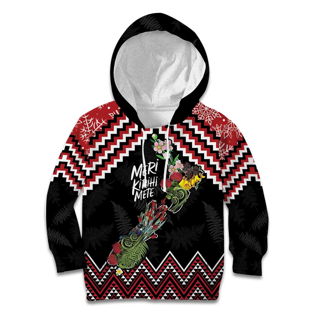 New Zealand Christmas Taniko Poutama Kid Hoodie Flora Map with Birds LT7 Hoodie Red - Polynesian Pride