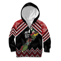 New Zealand Christmas Taniko Poutama Kid Hoodie Flora Map with Birds LT7 Zip Hoodie Red - Polynesian Pride