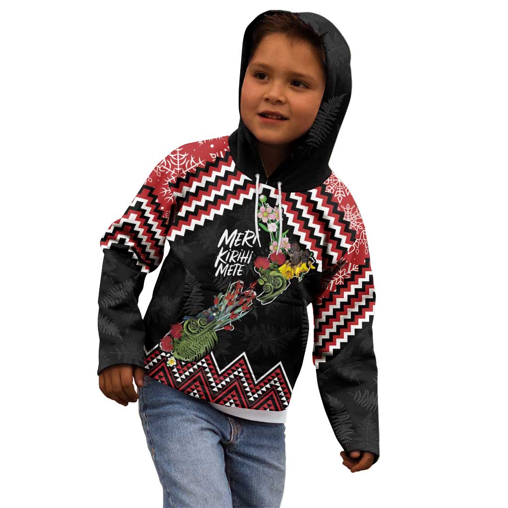 New Zealand Christmas Taniko Poutama Kid Hoodie Flora Map with Birds LT7 - Polynesian Pride