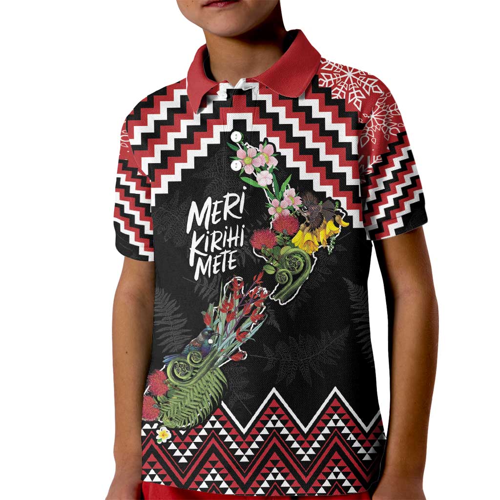 New Zealand Christmas Taniko Poutama Kid Polo Shirt Flora Map with Birds LT7 Kid Red - Polynesian Pride