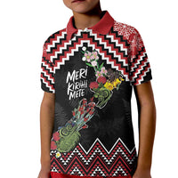 New Zealand Christmas Taniko Poutama Kid Polo Shirt Flora Map with Birds LT7 Kid Red - Polynesian Pride