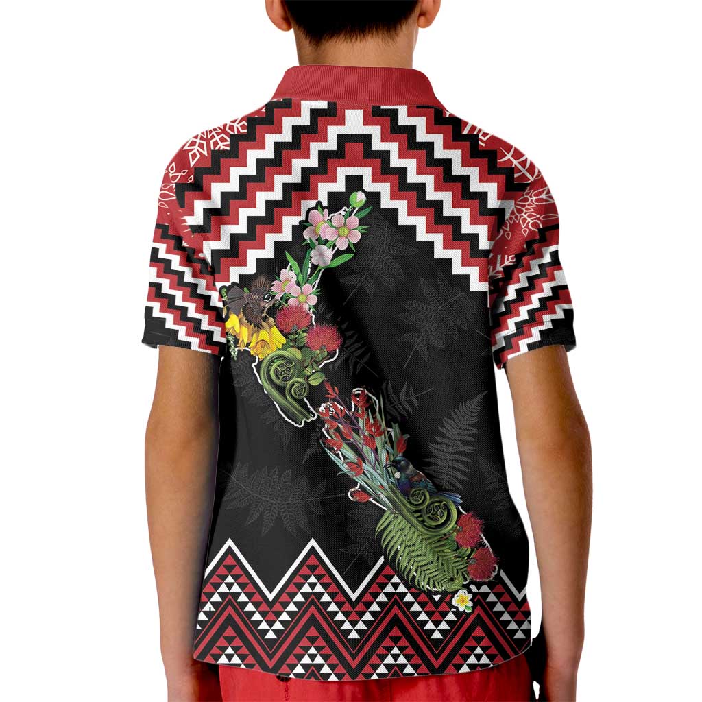 New Zealand Christmas Taniko Poutama Kid Polo Shirt Flora Map with Birds LT7 - Polynesian Pride